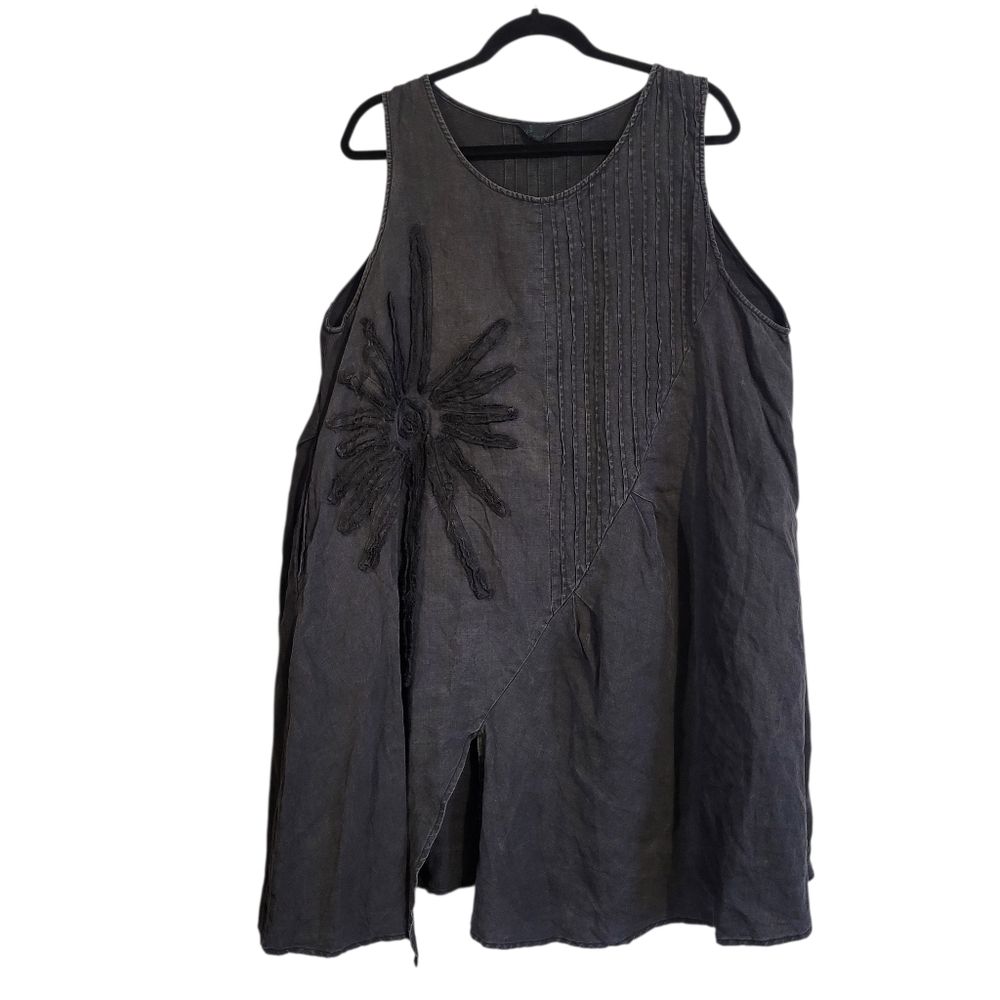 Peacock Ways 100% Linen Gray Tunic Dress L Boho Lagenlook Artsy Pockets Cottage